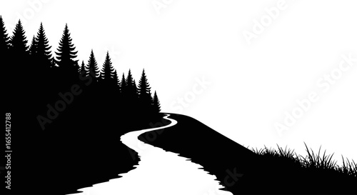 serene winding river path through a black and white silhouette forest ideal for ecotourism nature conservation and travel brochure designs