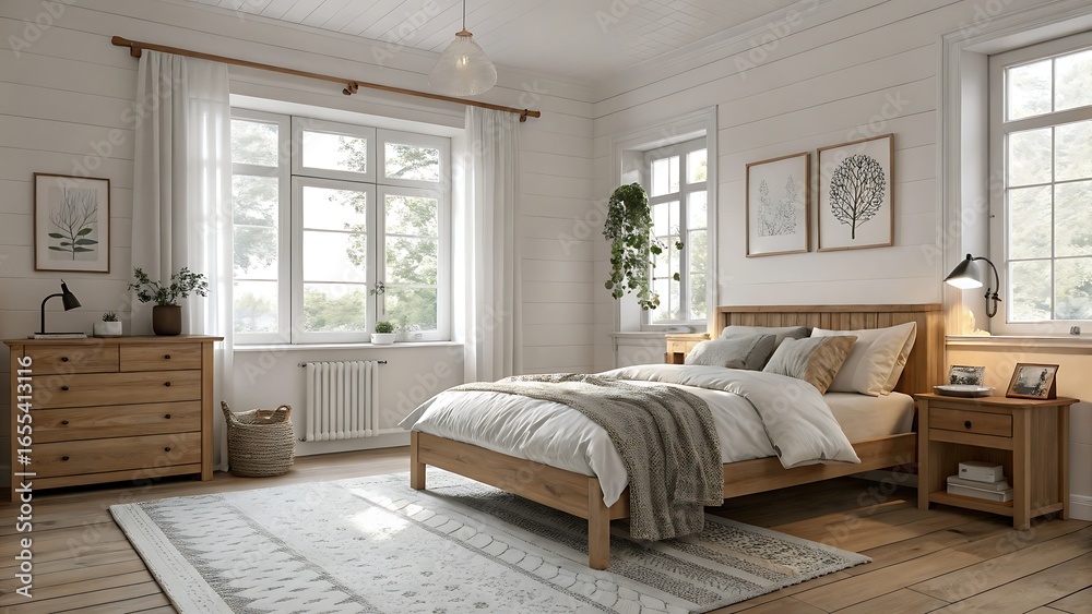 Fototapeta premium A bright bedroom with wooden furniture and natural light shining