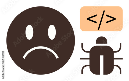 Brown frowning face, code tag, and bug icon communicate software errors, programming challenges, debugging. Ideal for coding, troubleshooting, tech issues, problem-solving software design data