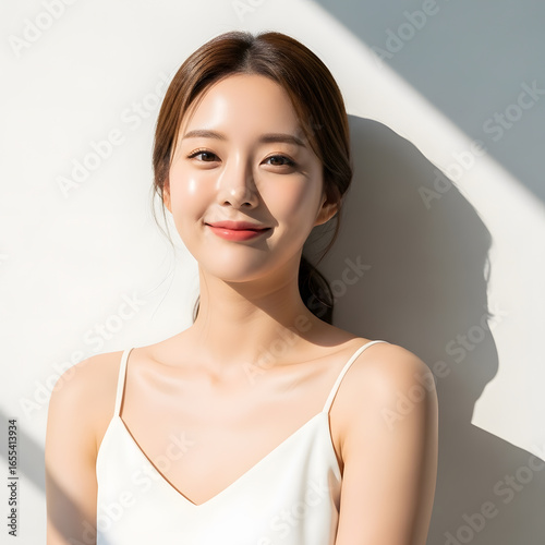 Natural beauty portrait of a serene young Asian woman with perfect clean skin. Korean skincare, spa, and wellness concept with soft window light.