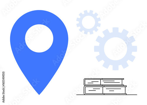 Blue map pin symbolizing navigation, gears representing functionality, and books denoting education. Ideal for themes of learning, innovation, process management, navigation, strategy, development