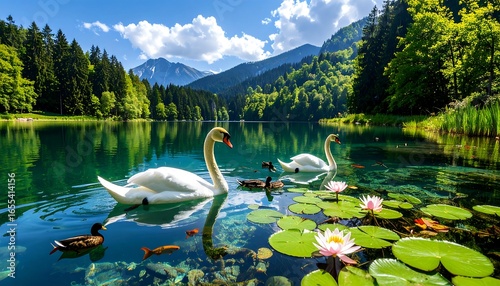 Fototapeta Naklejka Na Ścianę i Meble -  Stunning swans gracefully swimming in crystal clear alpine lake with lily pads and mountain views