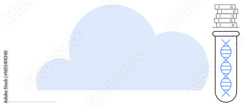 Large cloud with a DNA strand in a test tube surrounded by data stack. Ideal for biotechnology, genetics, cloud computing, data analysis, scientific research, laboratory work, simple flat metaphor