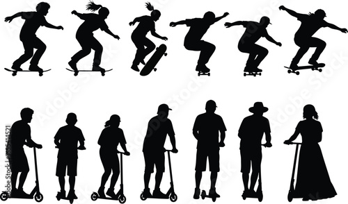 Collection of diverse silhouettes of people skateboarding and riding scooters in dynamic action poses against a white background