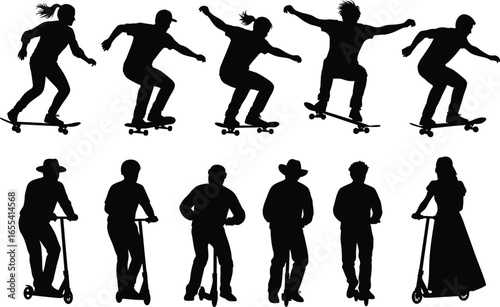 Silhouettes of diverse people engaged in extreme sports and recreational activities on skateboards and scooters