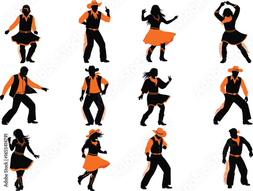 Collection of diverse cowboy and cowgirl silhouettes dancing and posing in western attire against a white background