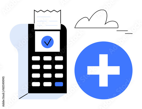 Payment terminal with receipt, checkmark, and blue medical cross. Ideal for healthcare, billing, medicine, finance, insurance transaction payment services. Simple flat metaphor