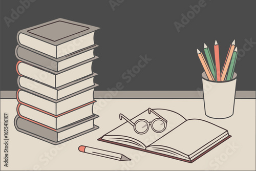 Stack of books open book with glasses and pencils on desk reading