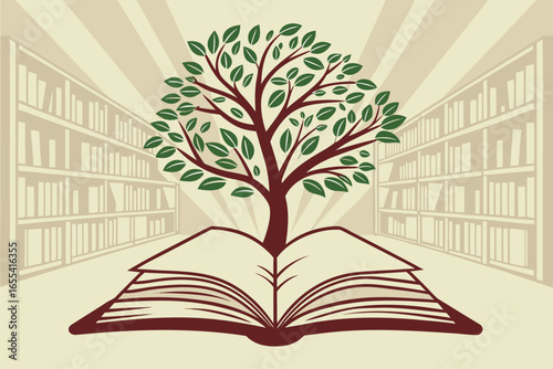 Tree of knowledge growing from open book in library setting with sunburst background growth