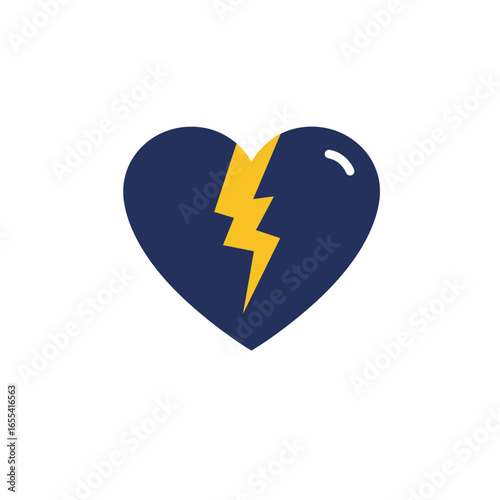Dark blue heart cracked with yellow lightning bolt vector icon symbolizing heartbreak sadness love failure emotional pain sorrow and depression illustration