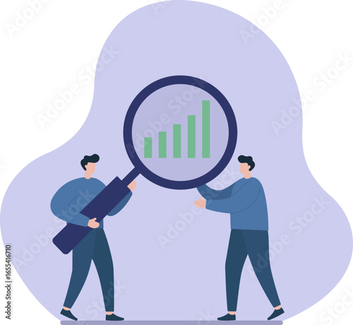 Two colleagues analyze a growth chart with a giant magnifying glass, representing teamwork, data analysis, and business intelligence