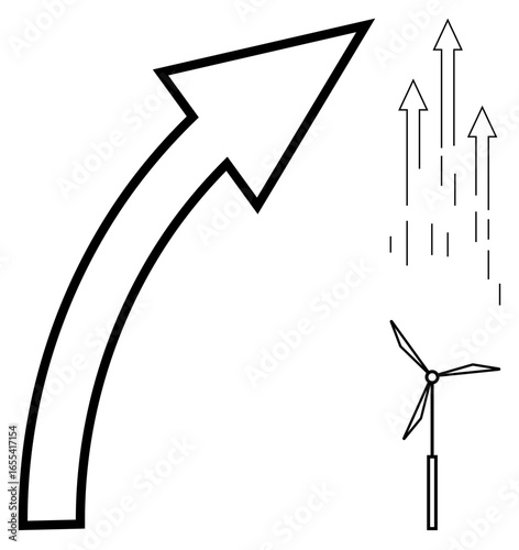 Large black arrow pointing upward, wind turbine generating energy, and rising lines suggesting growth, sustainability, and progress. Ideal for growth, energy, innovation, environment success