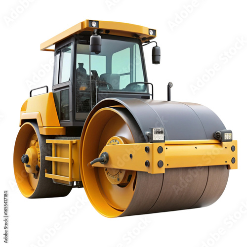 A yellow and black road roller with a cab on a solid background