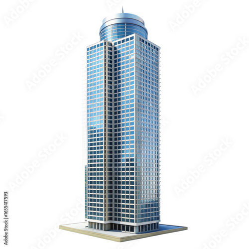 A tall blue and white skyscraper building with many windows and a flat roof