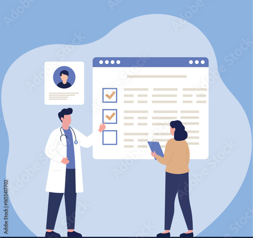 A doctor discusses a digital checklist with a patient, symbolizing modern healthcare, electronic health records, and telemedicine