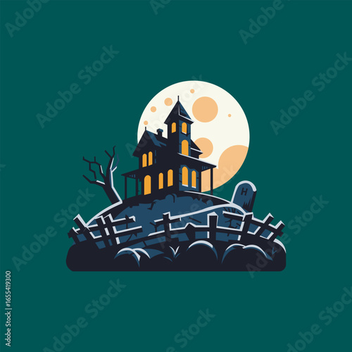Moonlit haunted manor. Haunted manor on a moonlit hill with gravestones and twisted trees flat vector art.