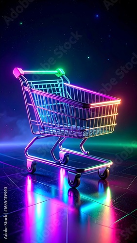 Neon shopping cart in dark digital space