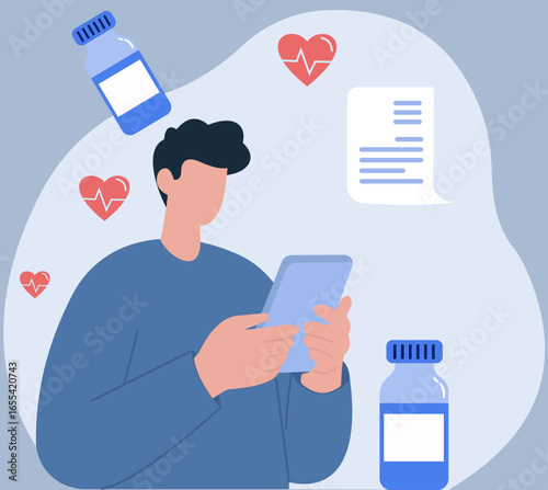 A man uses a smartphone for digital healthcare, managing prescriptions, ordering medicine, and checking his health status online