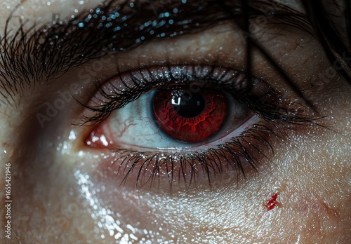 Intense red eye stares with blood and water.