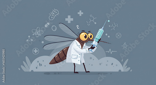 Mosquito Doctor Cartoon Illustration of a Mosquito in a Lab Coat Holding a Syringe