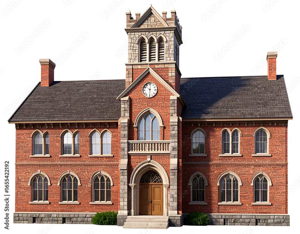 Obraz premium Classic Brick Schoolhouse with Clock Tower Realistic 3D Illustration Isolated