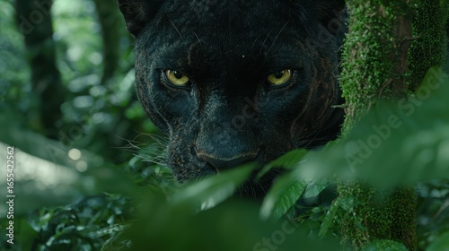 Intense black panther stares from jungle foliage.