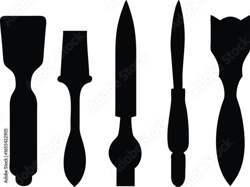 Silhouette Assortment of Cutting and Carving Tools Depicting Woodworking and Carpentry Instruments in Black and White Illustration
