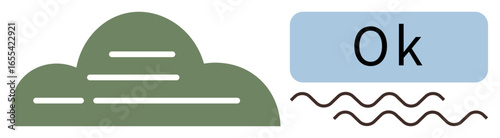Green cloud with stripes complements Ok text on a blue rectangle with black wavy lines. Ideal for technology, communication, internet, approval, simplicity, clarity, minimalism. Simple flat metaphor