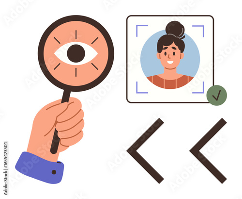 Hand holding magnifying glass with eye, facial recognition frame with person photo and checkmark, coding symbols. Ideal for security, technology, authentication, AI, identity, biometric privacy