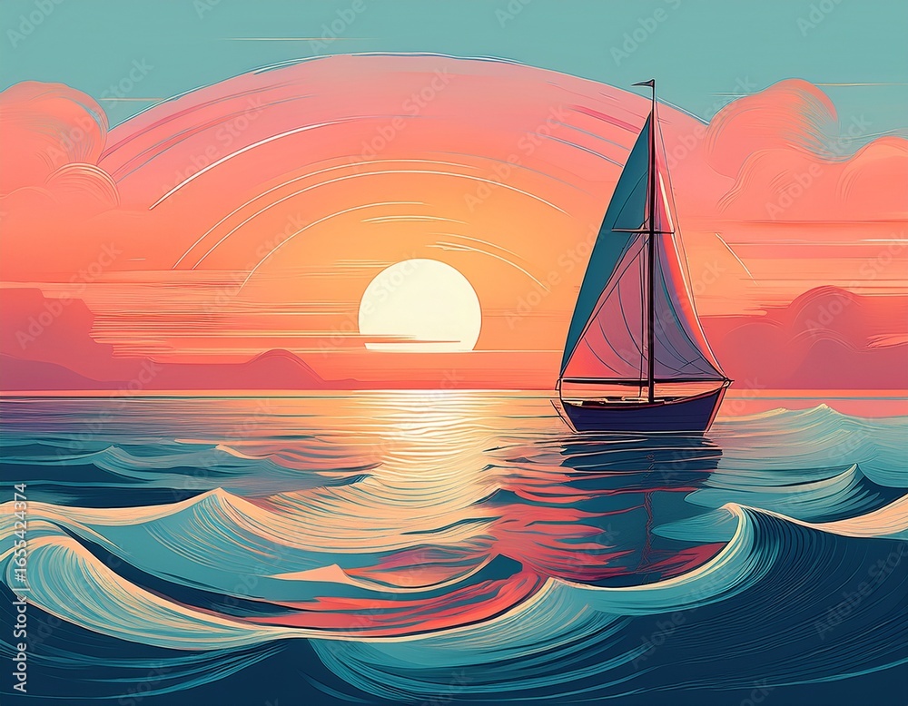 Naklejka premium minimalist illustration of a calm ocean with a single sailboat under a pastel sunse 