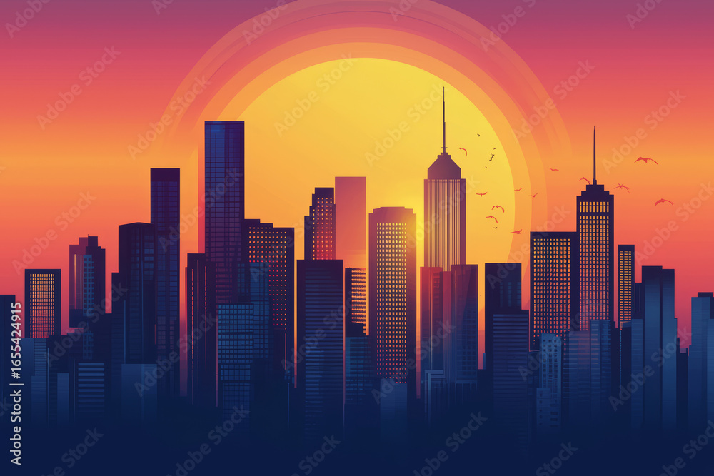 Obraz premium A vibrant, stylized illustration shows a city skyline at sunset. Dark building silhouettes stand against a large, glowing orange sun and a gradient sky.