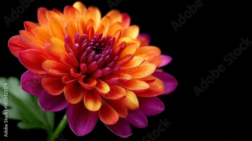 Close up macro of a vibrant orange and purple dahlia flower with a dark background