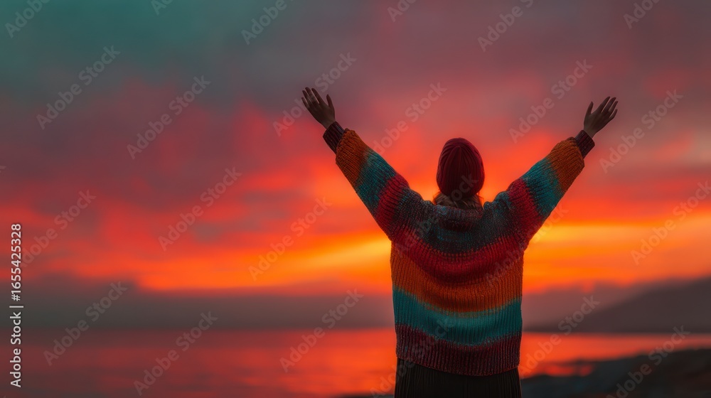 Fototapeta premium Person with arms raised in colorful sweater at vibrant sunset over water