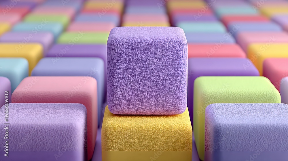 Obraz premium Rows of pastel colored textured cubes arranged in a grid pattern with two prominent cubes in the foreground