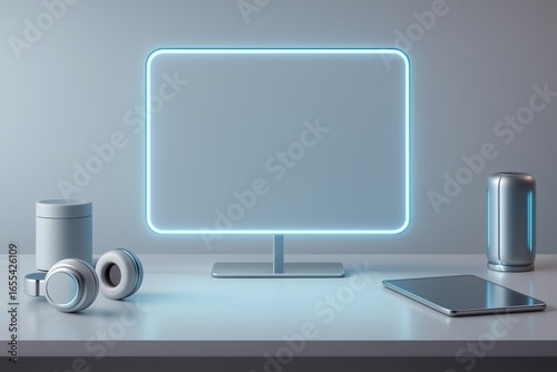 AI powered futuristic workspace with glowing holographic frame