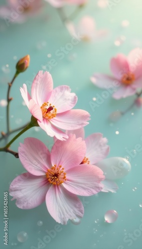 Delicate spring blooms adrift in milky bath, ethereal pastel hues, bath, close-up