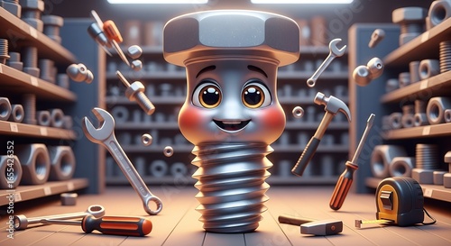 Animated Tooth Character with Big Eyes in Workshop Surrounded by Tools and Screws