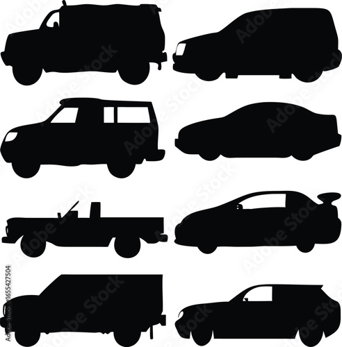 Silhouetted Automotive Assortment Diverse Car Collection Featuring Sedans SUVs and Trucks in Striking Black and White Graphics