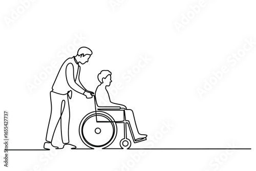 Person pushing another person in a wheelchair