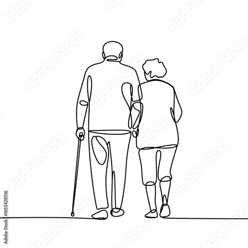 Elderly couple walking together with cane