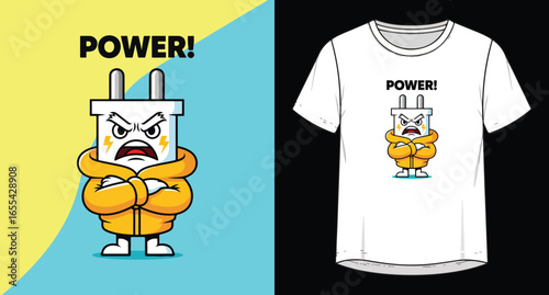 Angry cartoon electrical plug character with power text on yellow and blue background