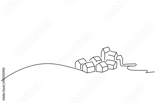 Minimalist line art village on a hillside