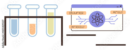 Three test tubes in a stand with a gradient of blue, orange, and yellow liquids next to a science-themed digital interface. Ideal for research, innovation, education, STEM fields, chemistry, data