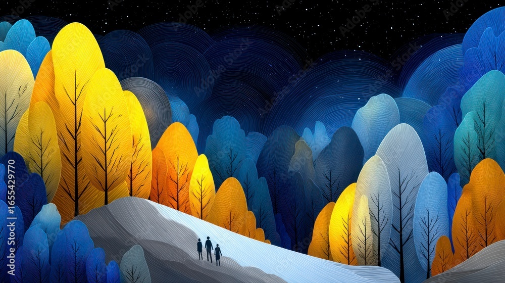 Fototapeta premium Stylized trees in golden yellow and various blue shades beneath a star filled night sky