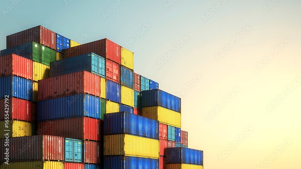 Obraz premium A massive colorful stack of shipping containers piled high against a bright clear sky symbolizing global trade and logistics