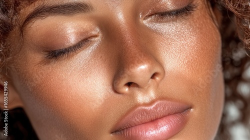 Close up of a young woman's face showing healthy glowing skin with eyes closed