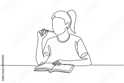 Student studying with a book and pen in a continuous line drawing style