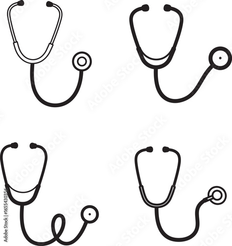 Four Stethoscope Illustrations in Black and White for Medical or Healthcare Use