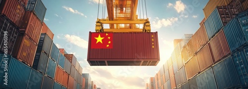Shipping container with Chinese flag being lifted at a busy port during sunset with numerous containers in the background