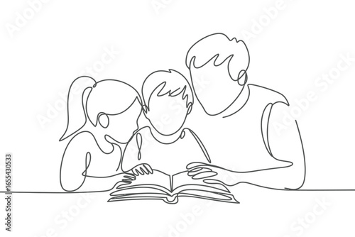 Family reading together a book in a continuous line drawing style